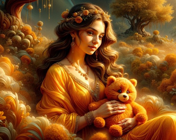 Young woman in golden gown in whimsical orange landscape