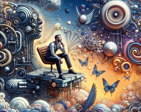 Contemplative Figure in Surreal Abstract Environment