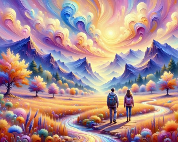 Vibrant Landscape with Hikers and Sunset Sky