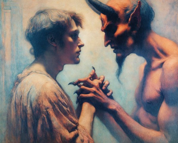 Confrontation Between Man and Demonic Figure in Artwork