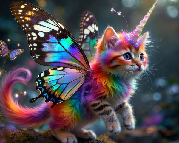 Close-up of a kitten with rainbow features and wings
