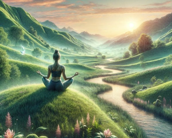 Serene landscape with woman meditating on hillside