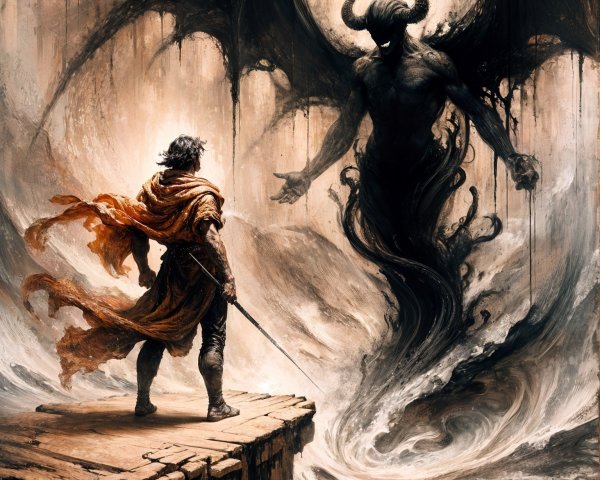 Lone Warrior Confronts Shadowy Figure on Platform