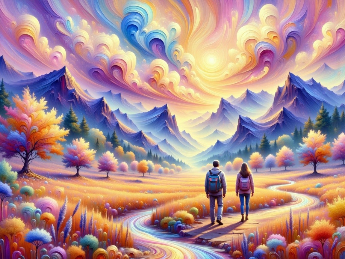 Vibrant Landscape with Hikers and Sunset Sky