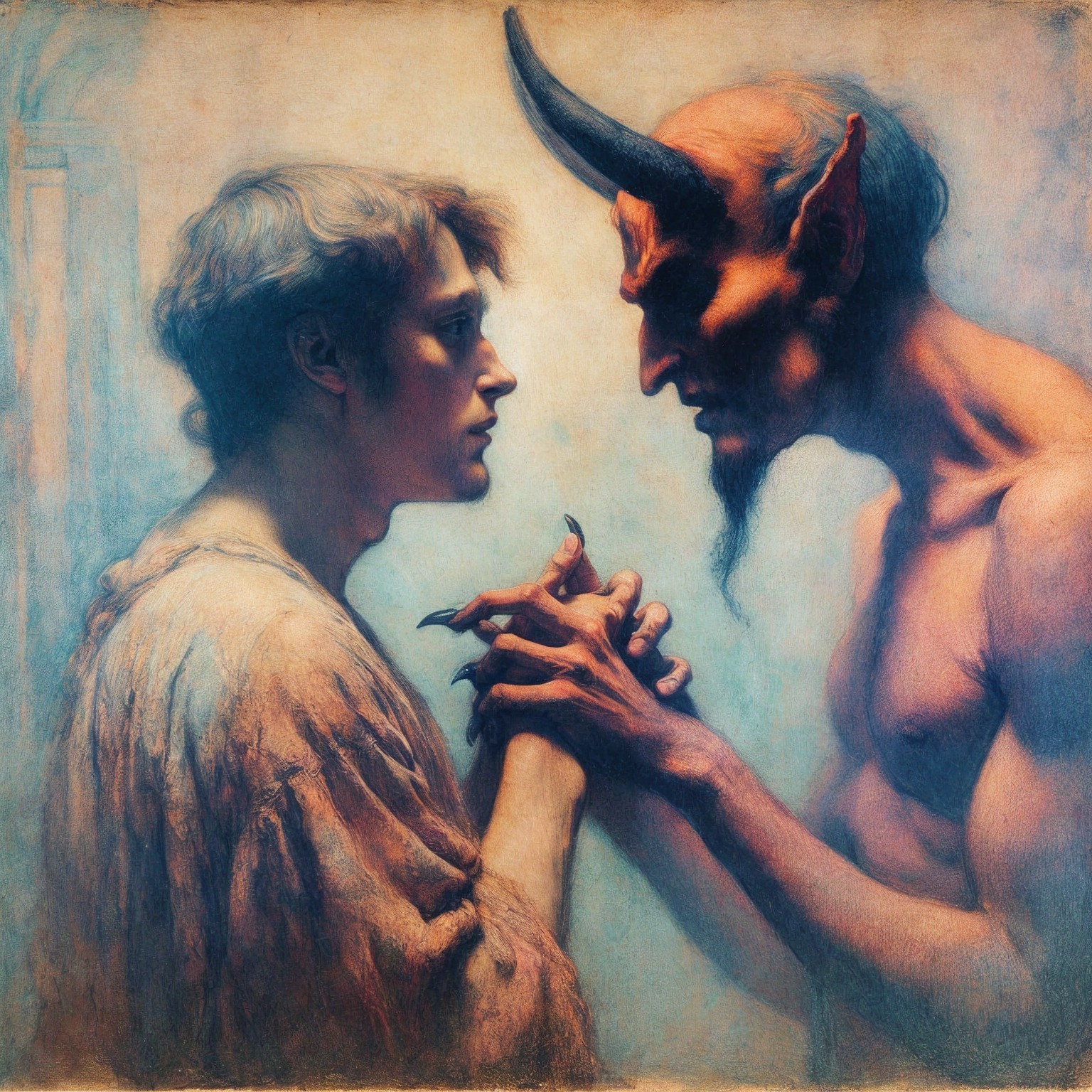 Confrontation Between Man and Demonic Figure in Artwork