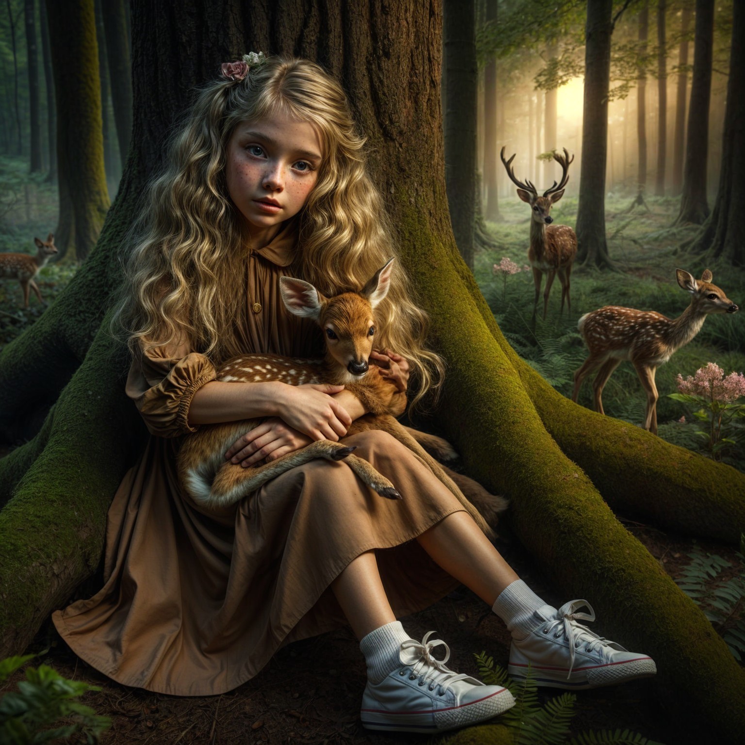 Young girl with fawn in serene forest setting