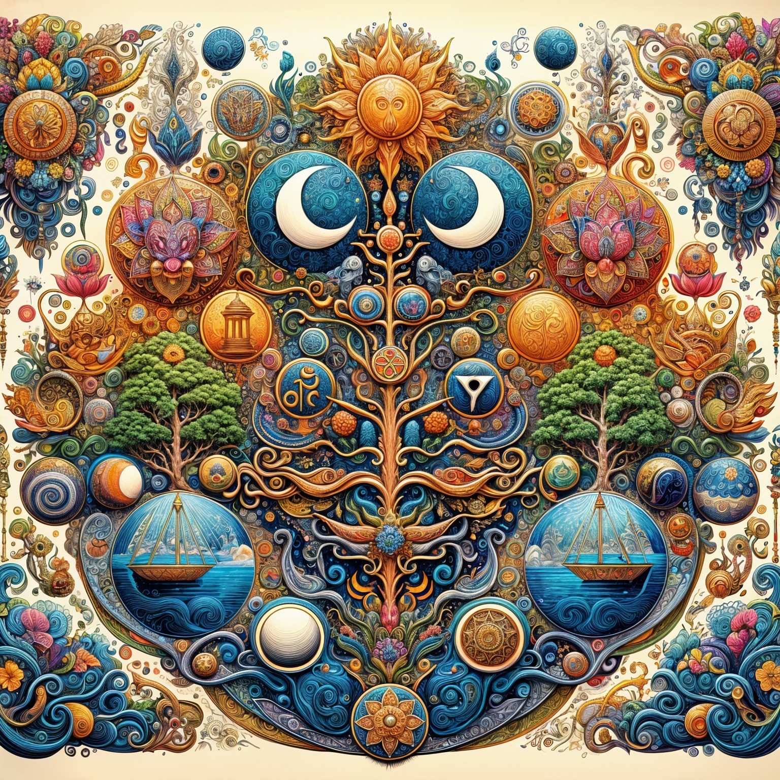 Celestial and Natural Elements in a Vibrant Tapestry