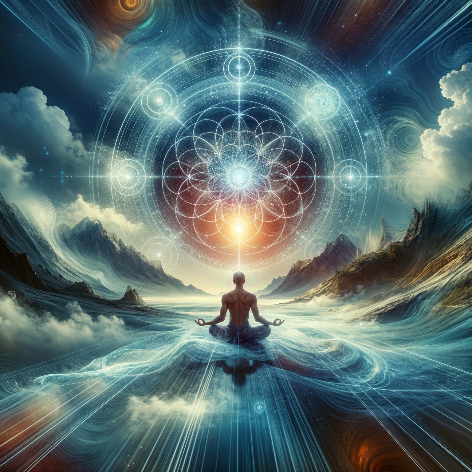Meditative Figure in a Cosmic Landscape of Harmony