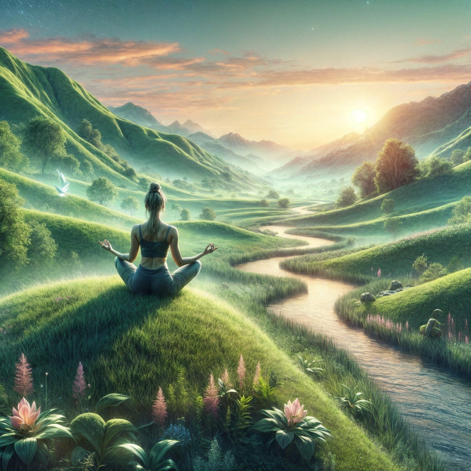 Serene landscape with woman meditating on hillside