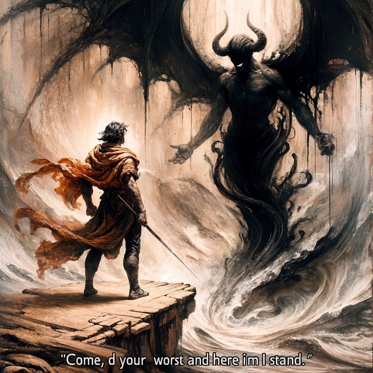 Lone Warrior Confronts Shadowy Figure on Platform