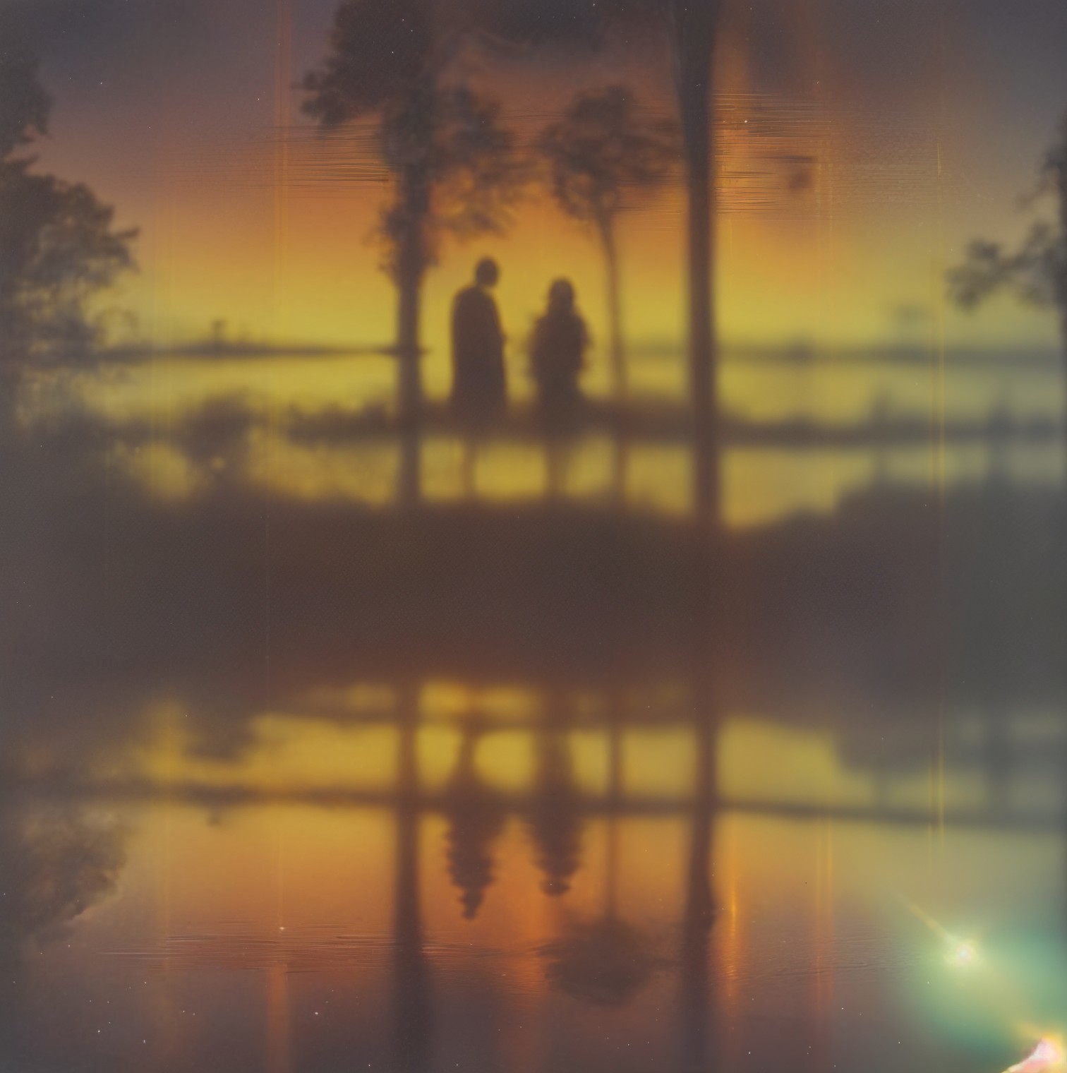 Twilight Lake Scene with Silhouetted Figures