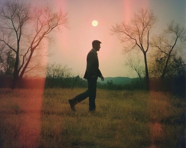 Silhouette of a Man in Grassy Field at Sunset