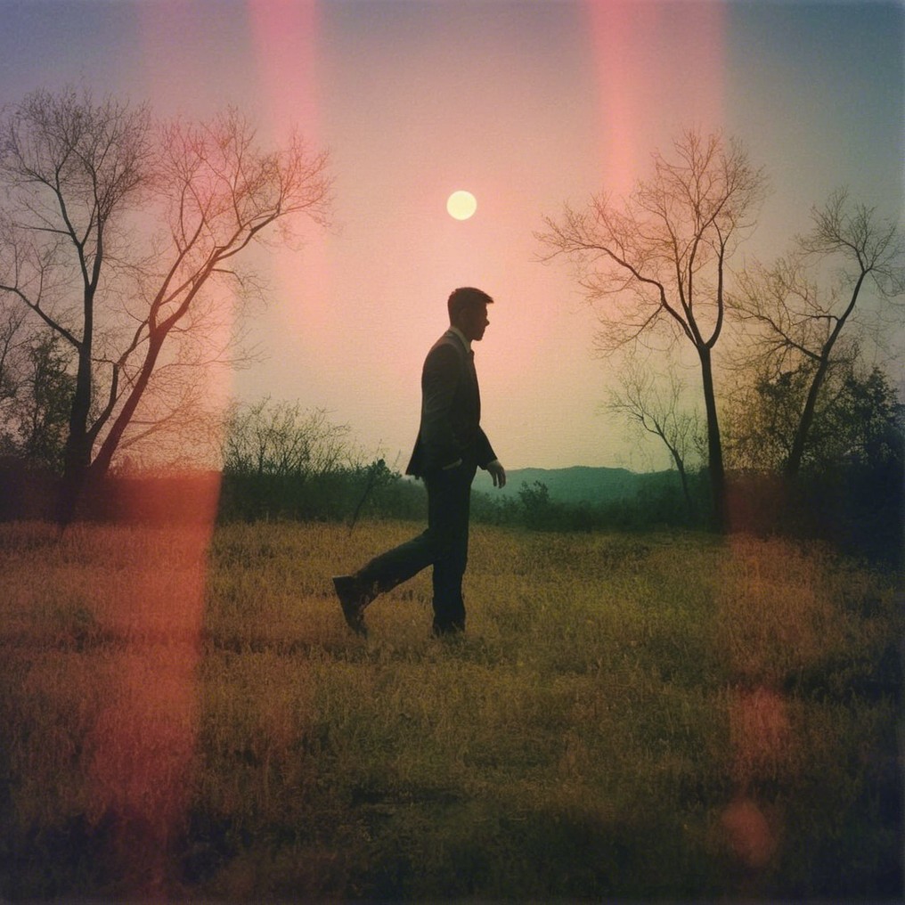 Silhouette of a Man in Grassy Field at Sunset