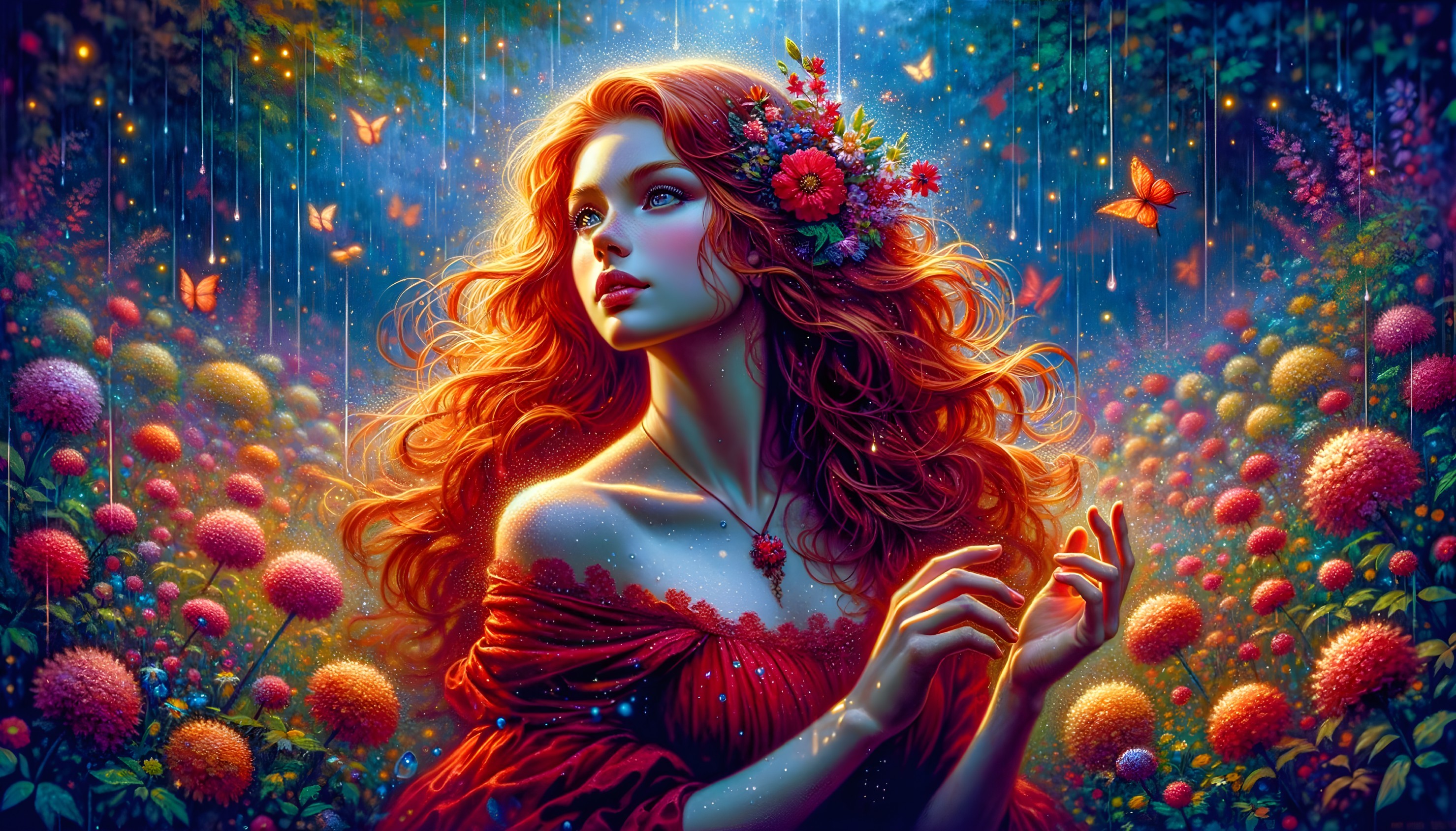 Woman with Floral Headpiece and Red Hair in Vibrant Fantasy Forest