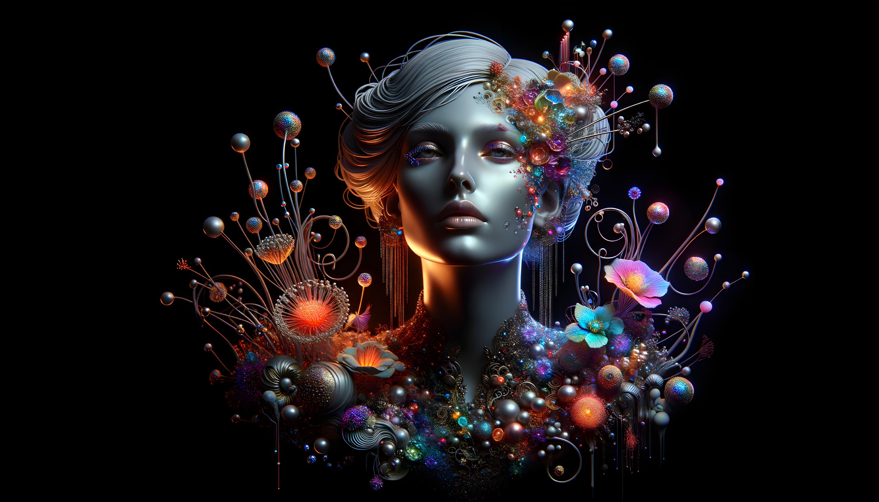 Surreal Digital Artwork of Woman with Floral Headpiece