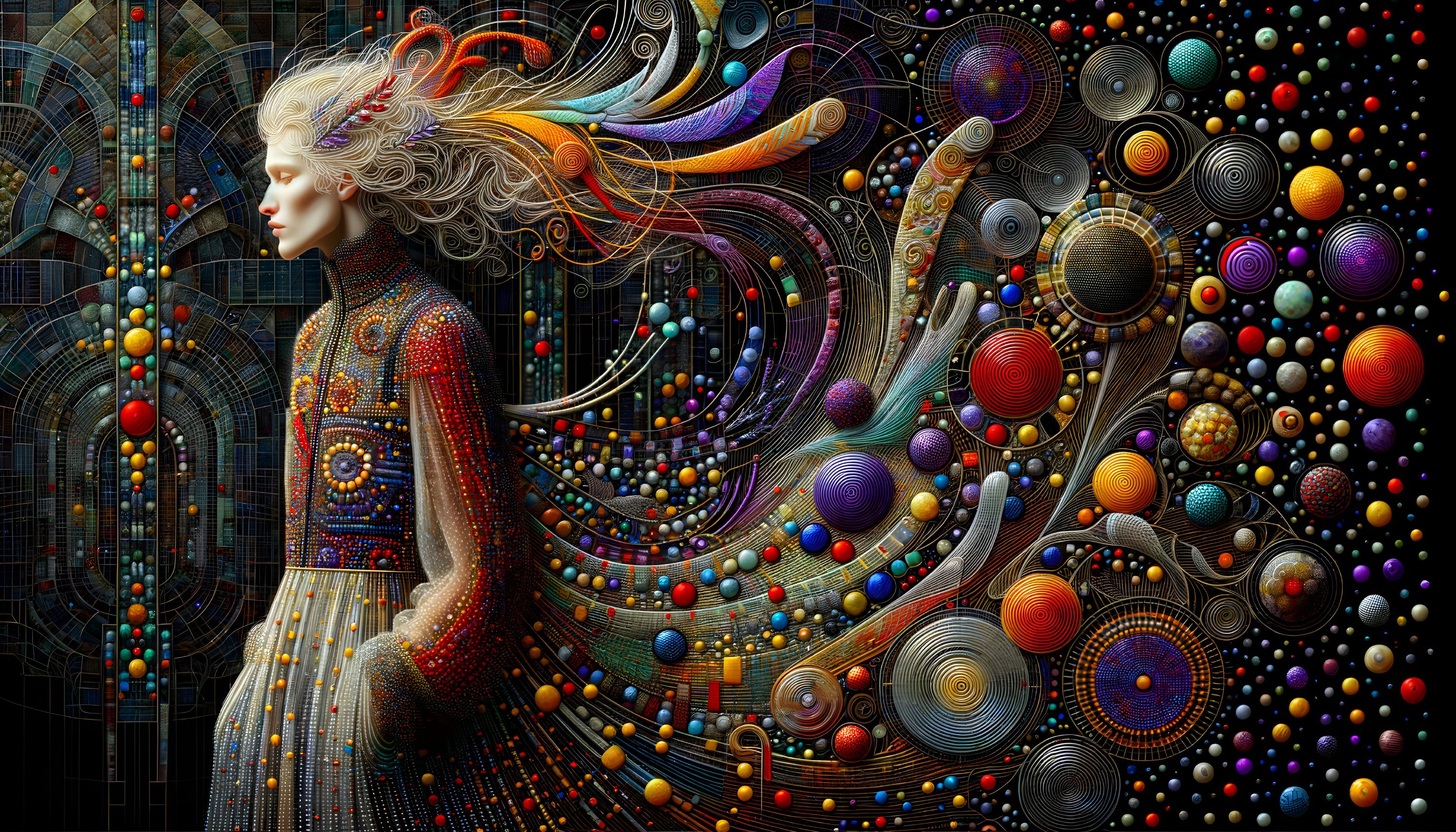 Stylized figure with vibrant hair and intricate patterns