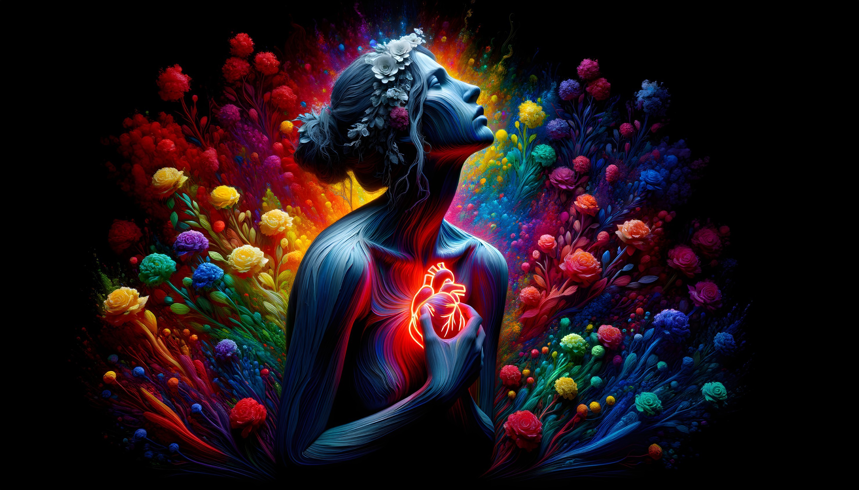 Abstract Woman with Flower Crown and Glowing Heart