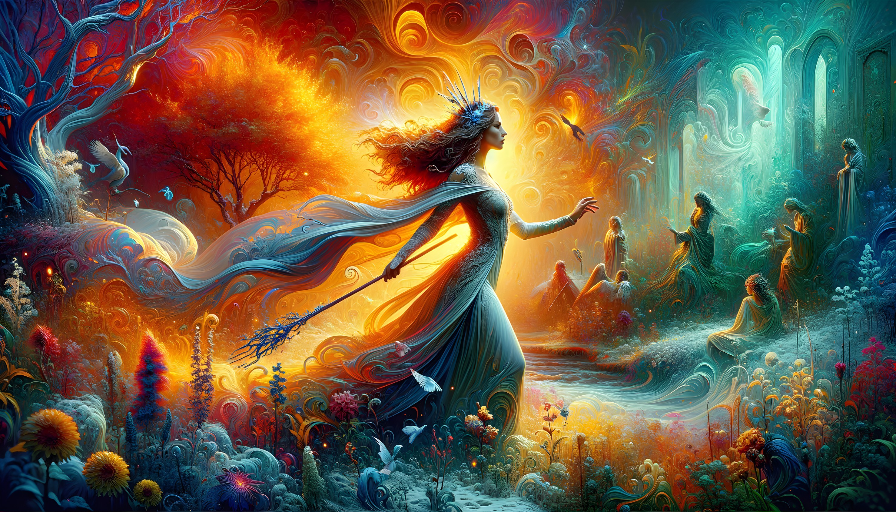 Fantasy Artwork of Woman in Colorful Forest