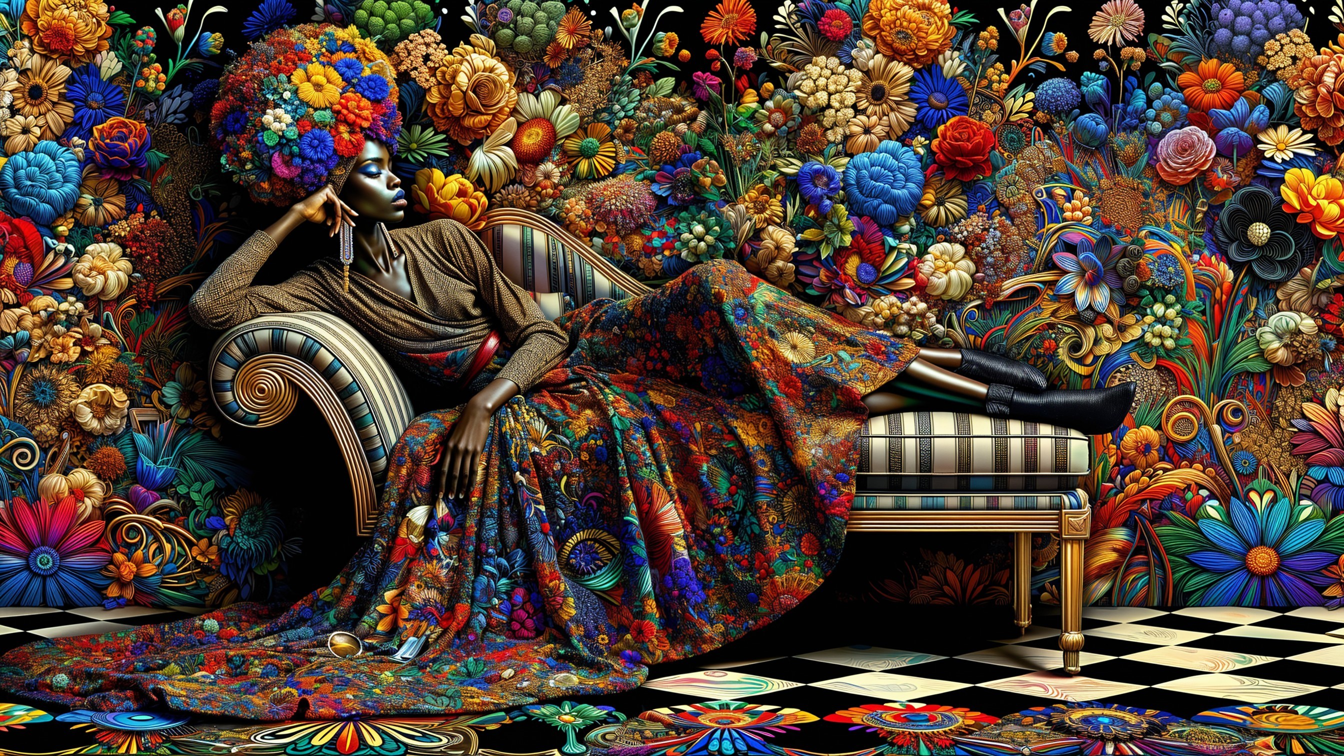 Elegant Figure on Striped Couch with Floral Backdrop