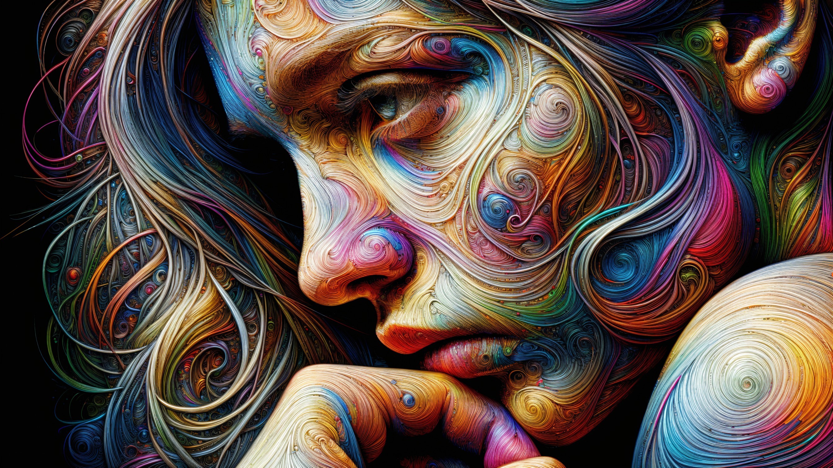 Close-up of a woman's face with vibrant color patterns