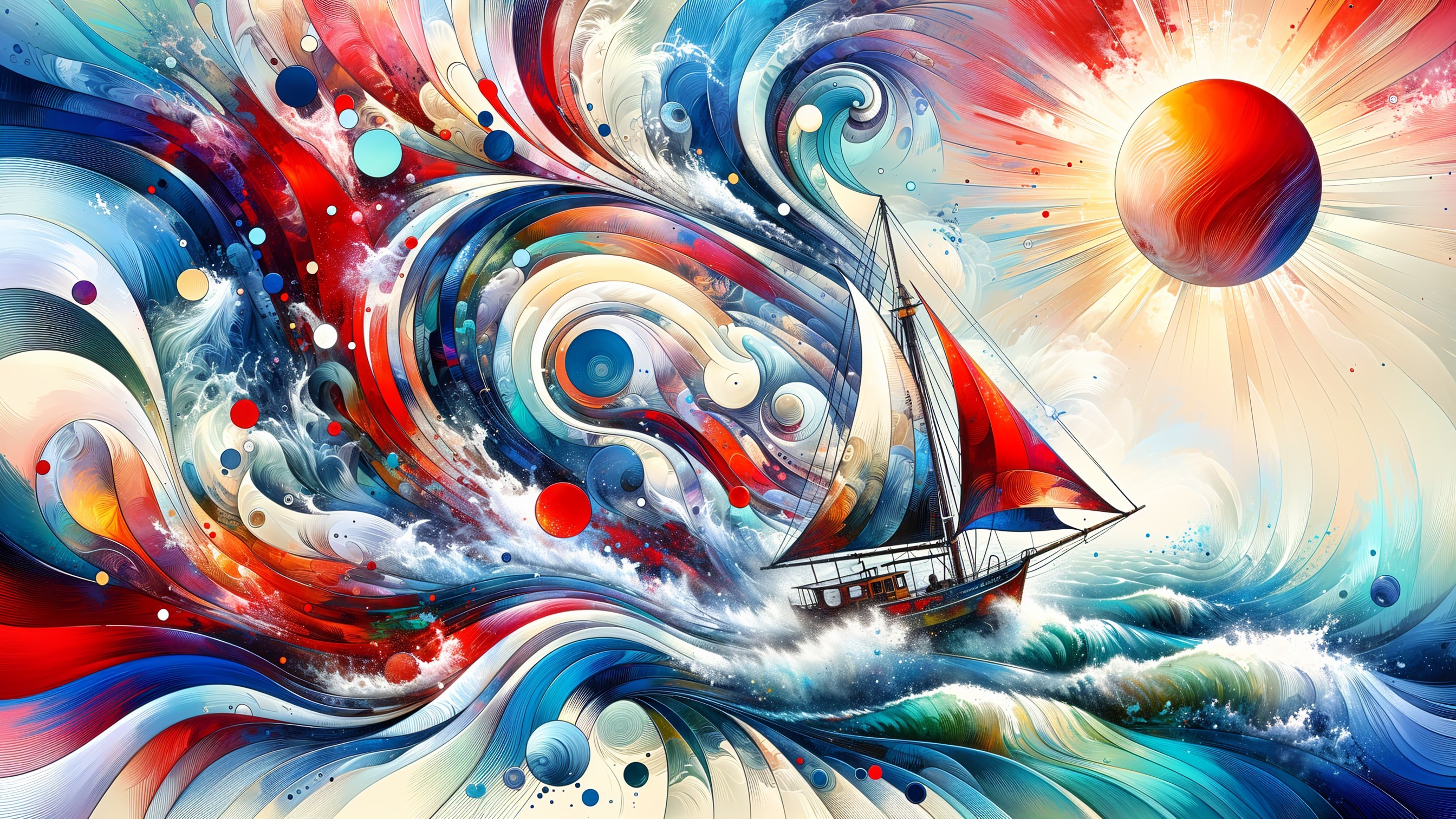Vibrant Abstract Sailboat in Turbulent Waves
