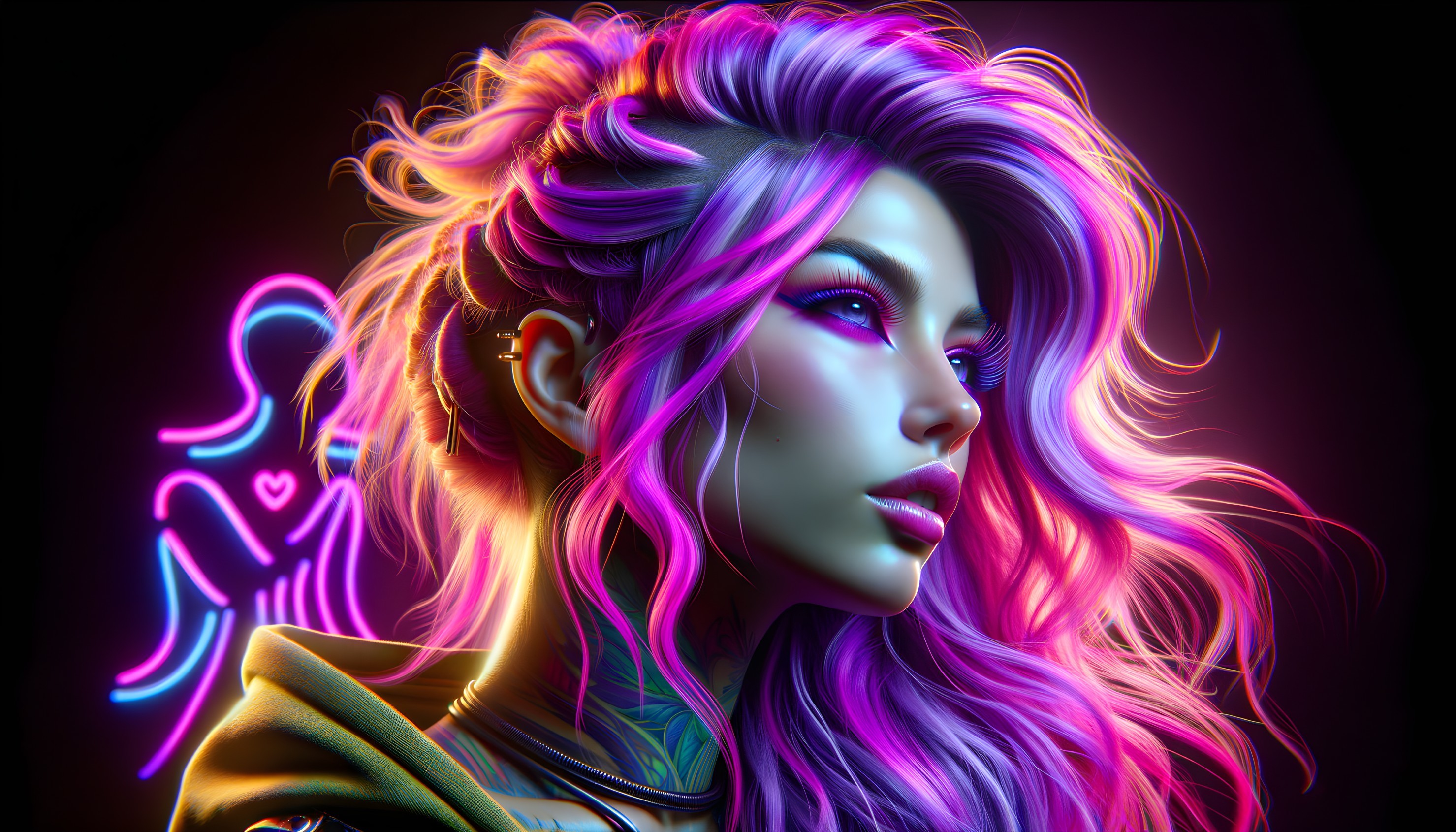Digital Artwork of Woman with Neon Hair and Makeup