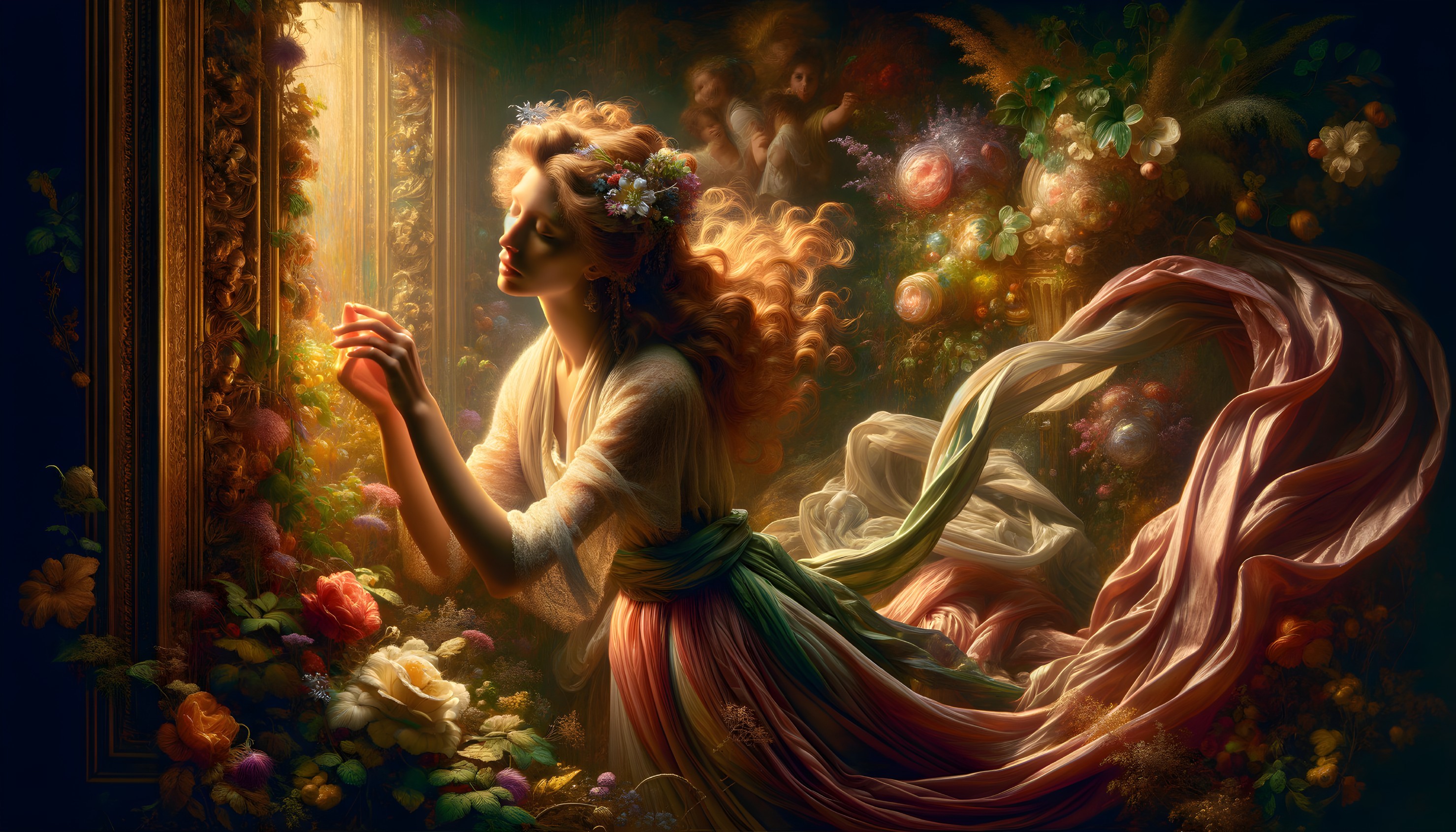 Woman in Flowing Robes by Sunlit Window with Flowers