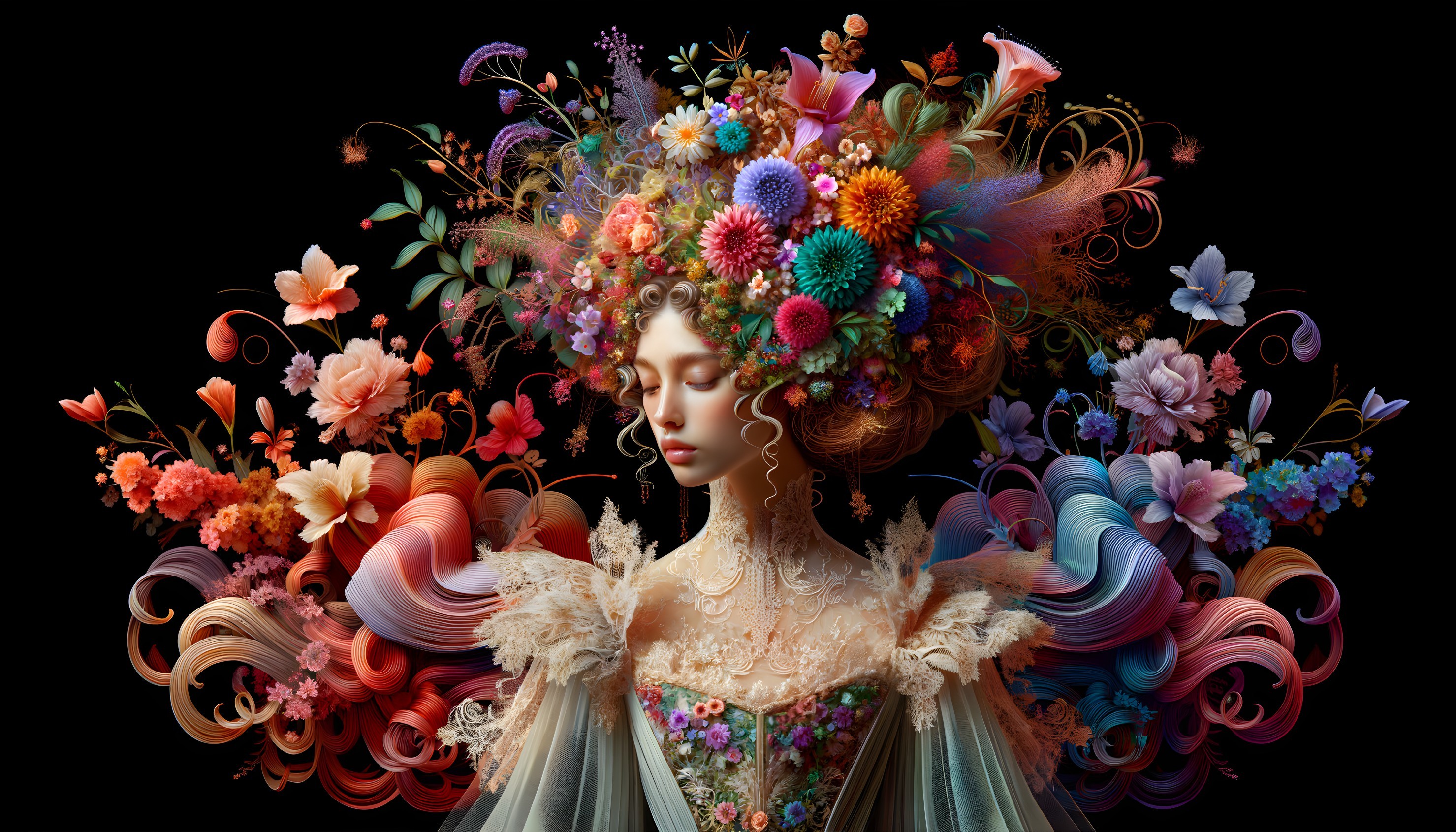 Floral Headdress and Lace Gown in Elegant Composition