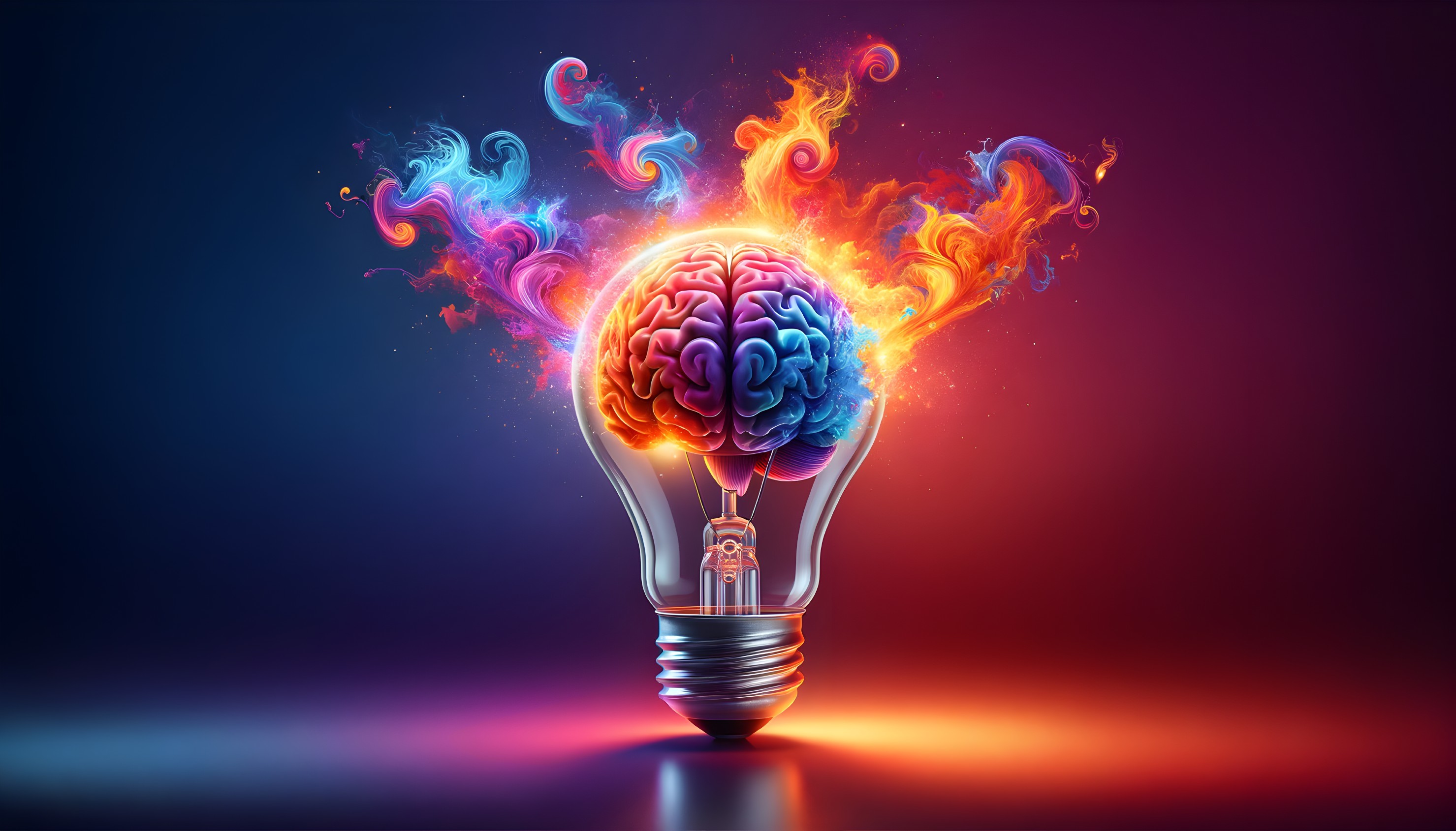 Colorful Brain in Light Bulb with Flames and Smoke