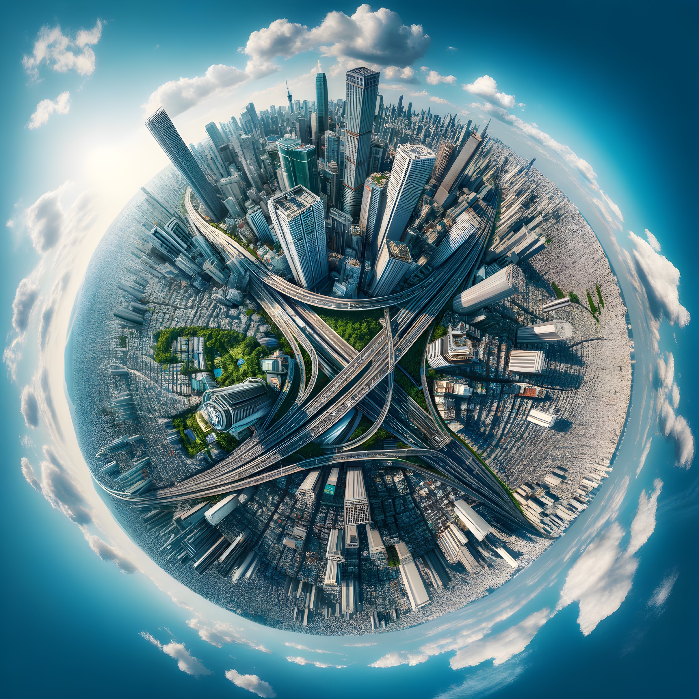 City skyline with skyscrapers and highways in spherical panorama
