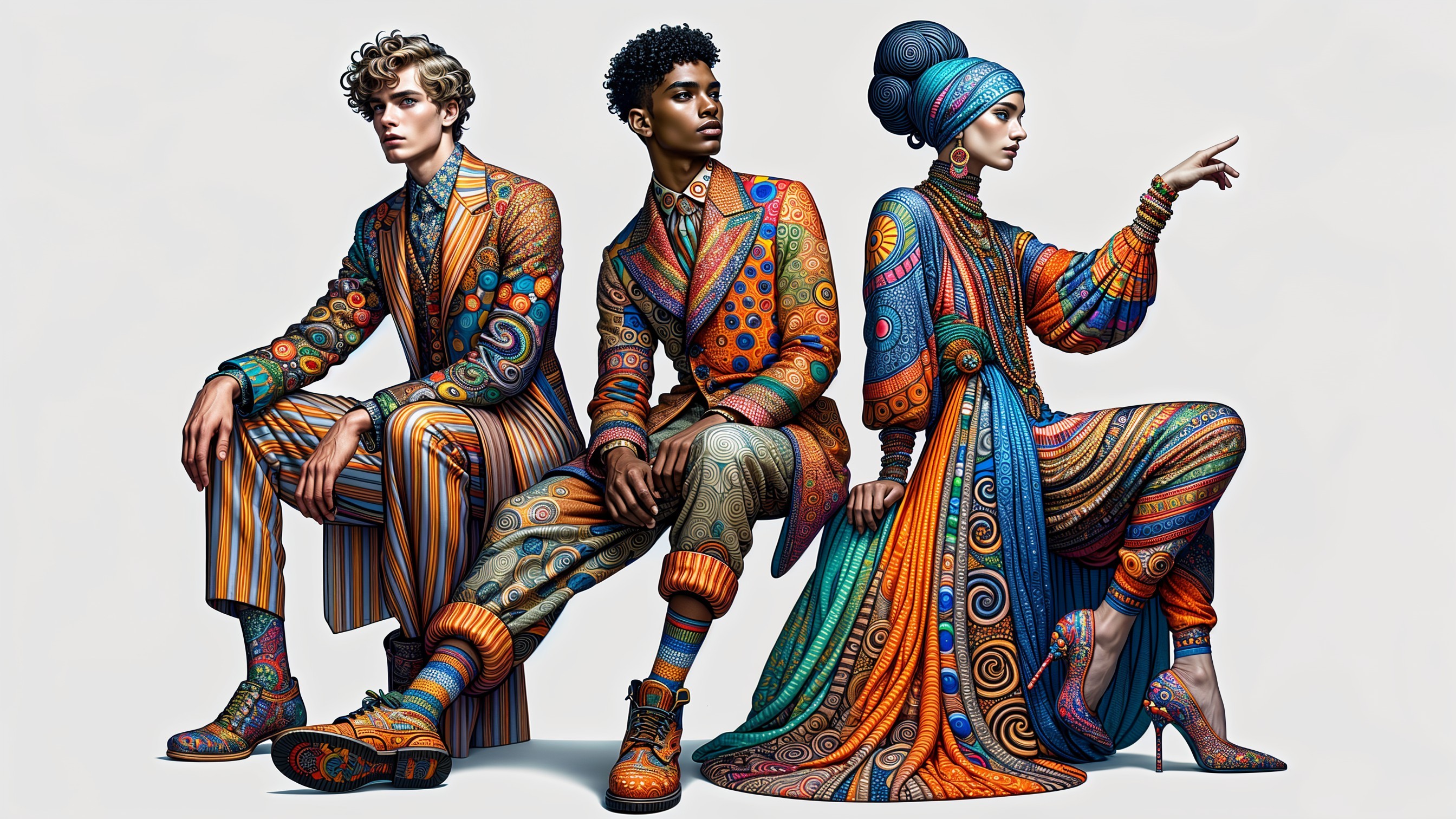 Stylish Models in Vibrant, Patterned Fashion Outfits