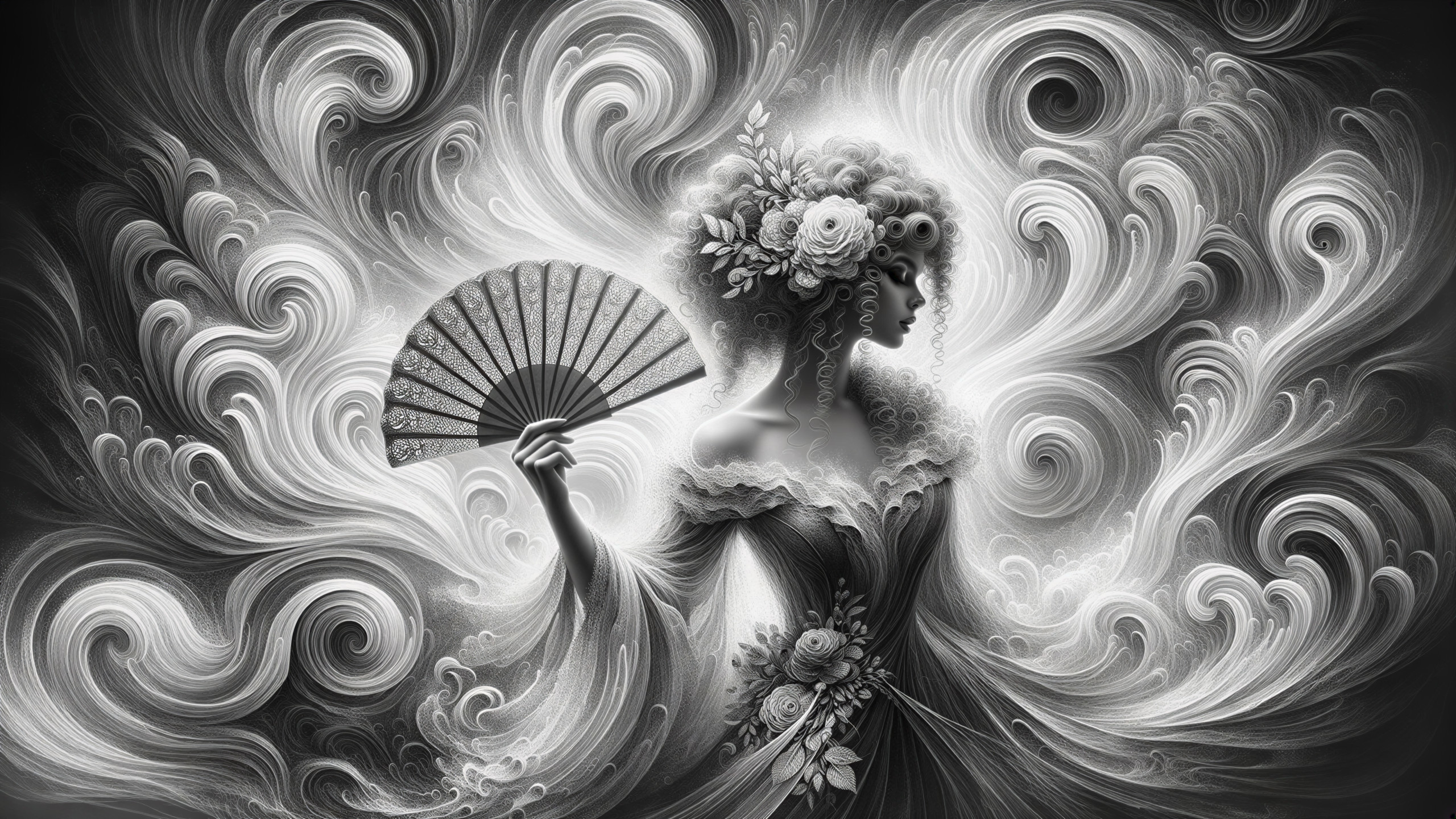 Elegant Woman with Floral Hair and Decorative Fan