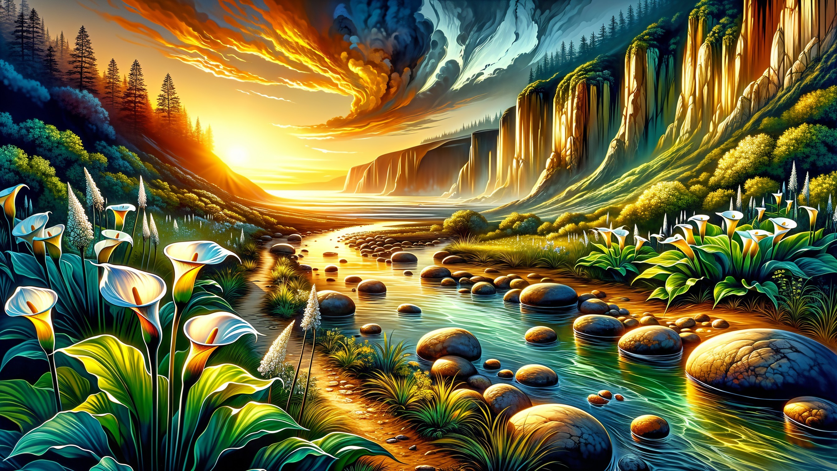 Vibrant Landscape with River and Dramatic Sky