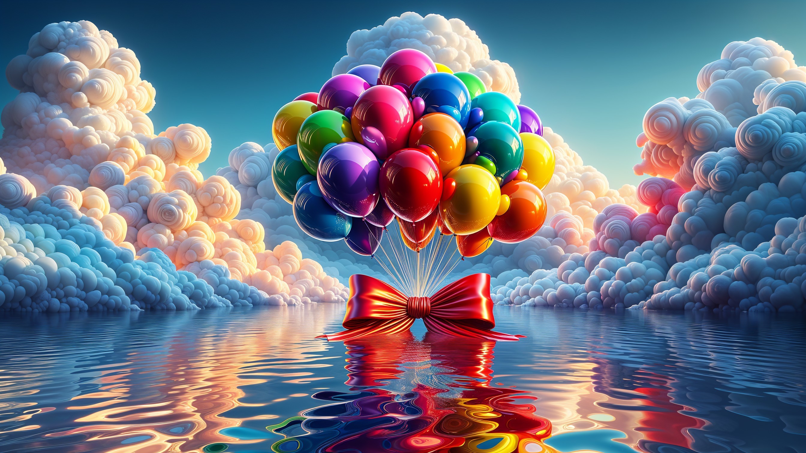 Colorful Balloons Above Shimmering Water Surface