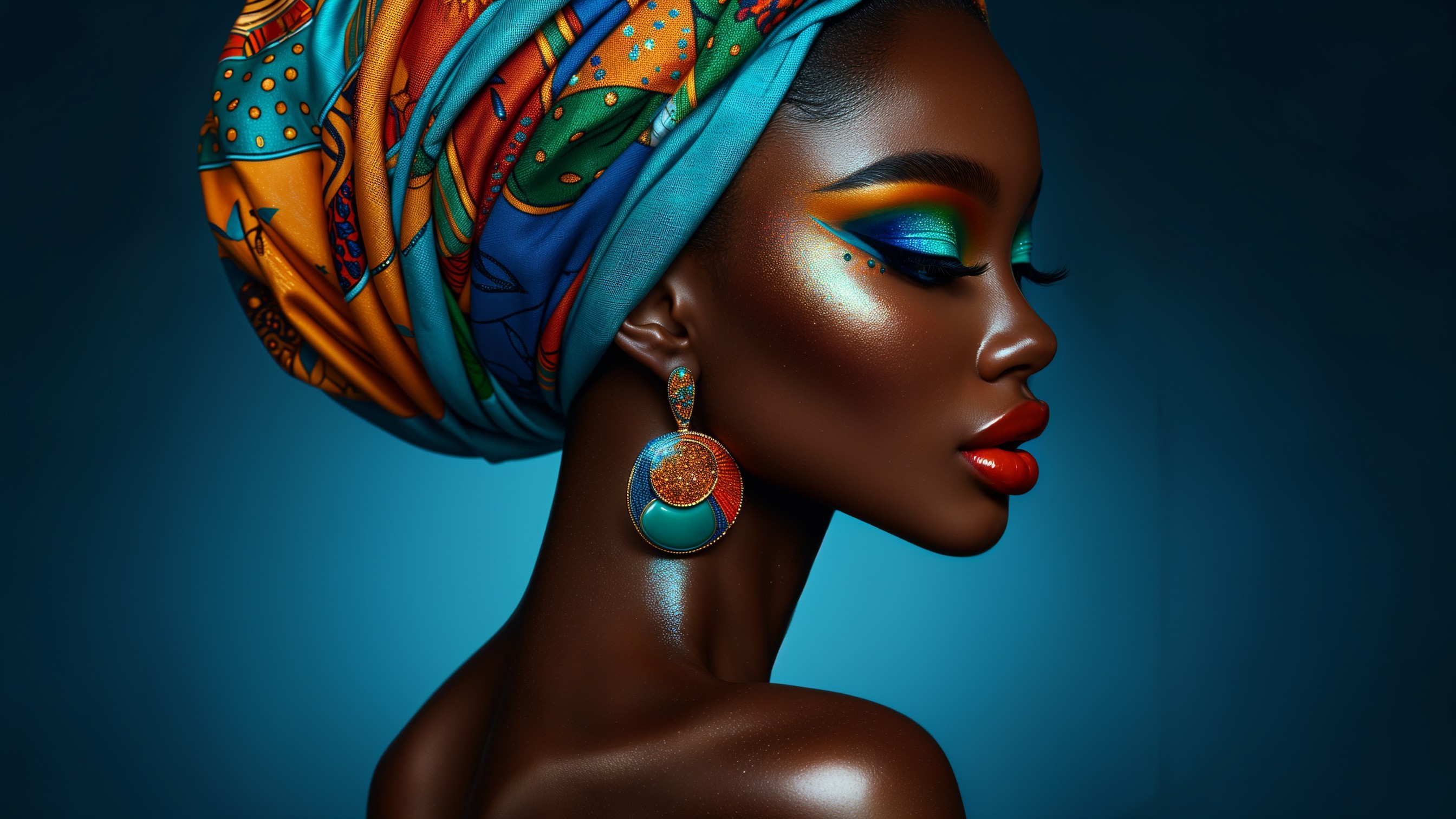 Portrait of a Woman with Vibrant Makeup and Headwrap