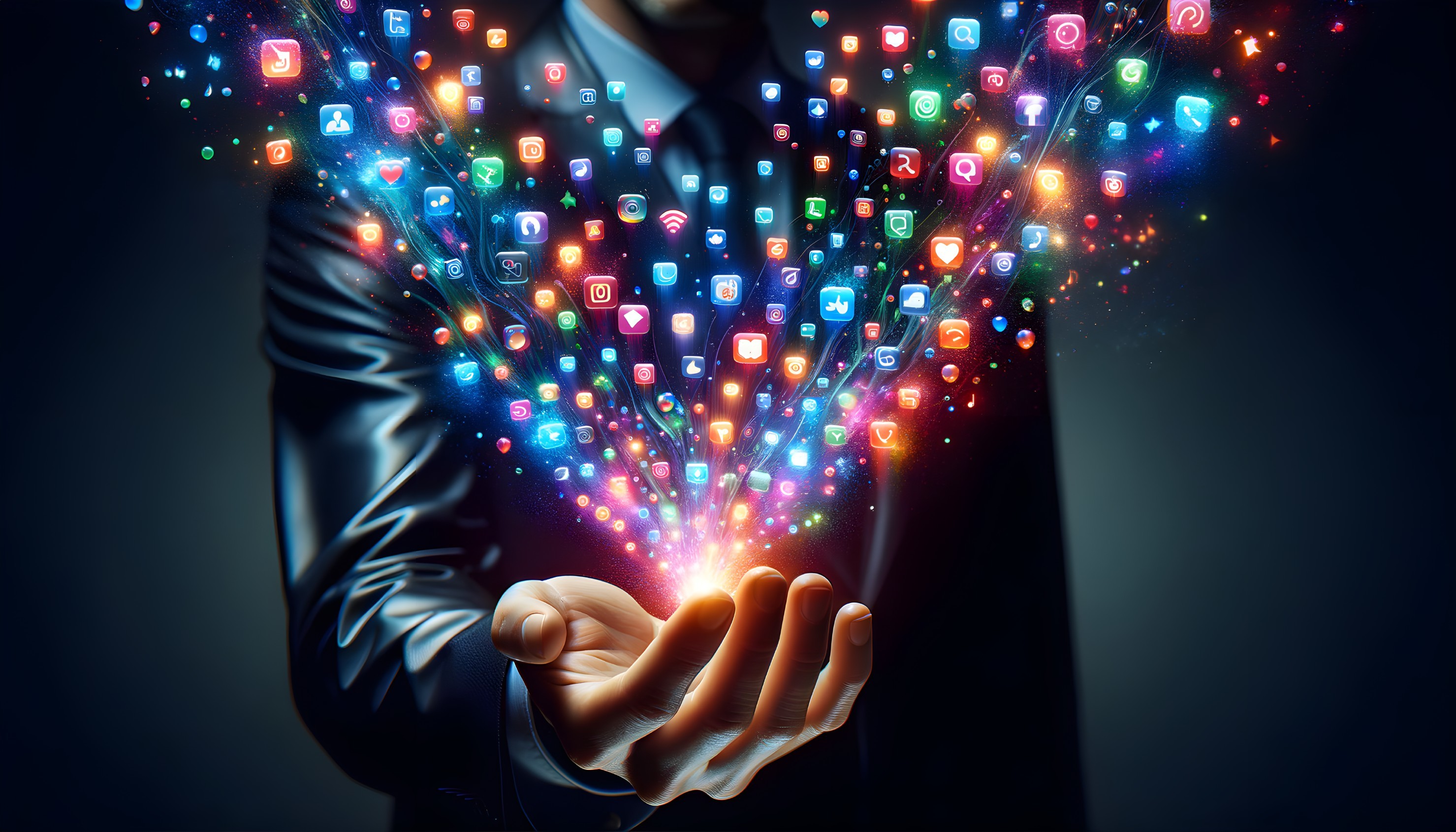 Suited Figure with Colorful Digital Icons in Dark Setting