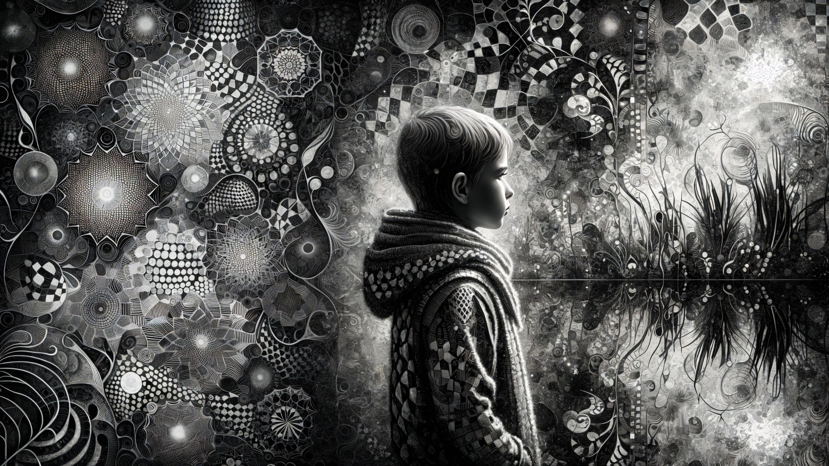 Young boy in profile with intricate monochrome backdrop