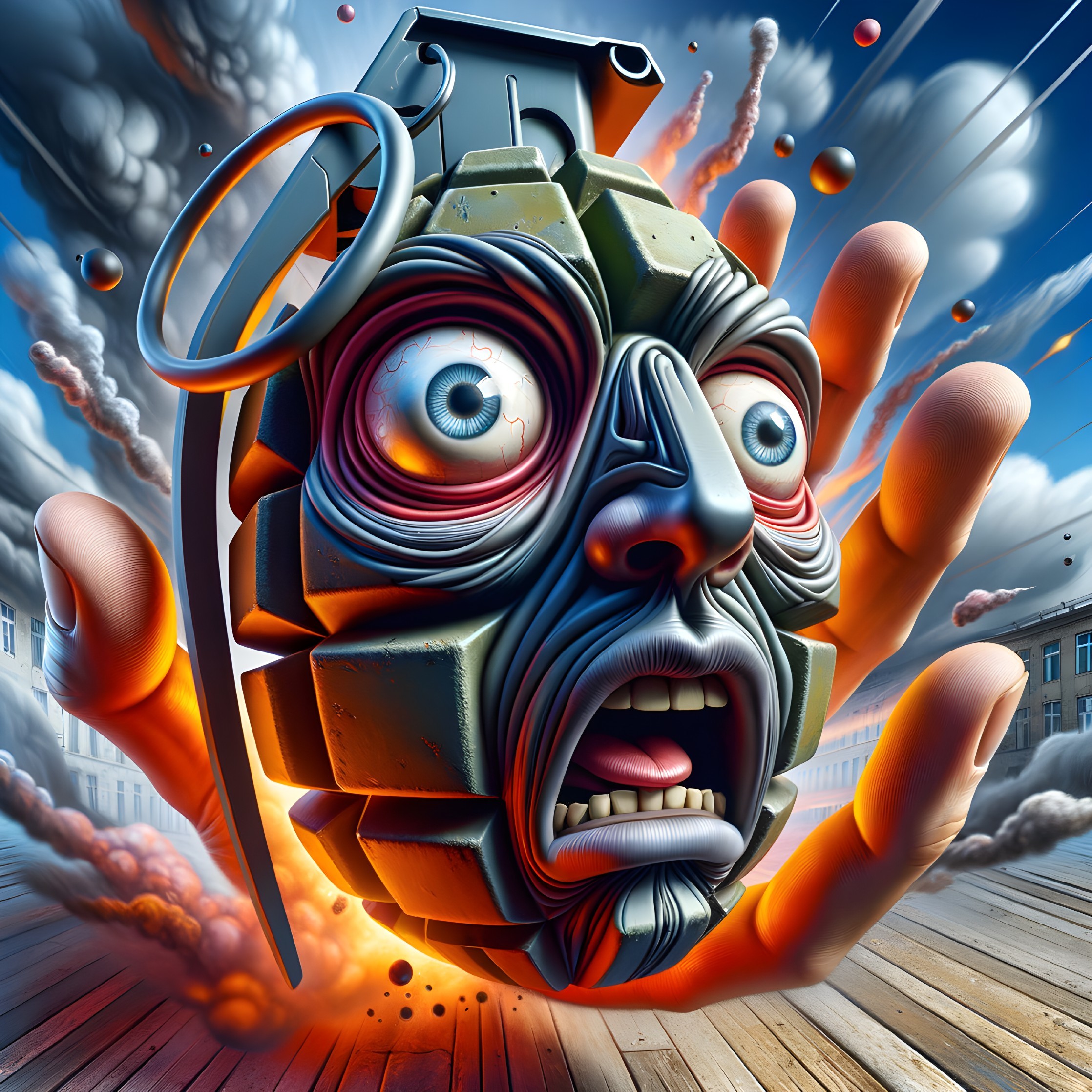 Surreal Scene of Giant Hand Holding Face Grenade