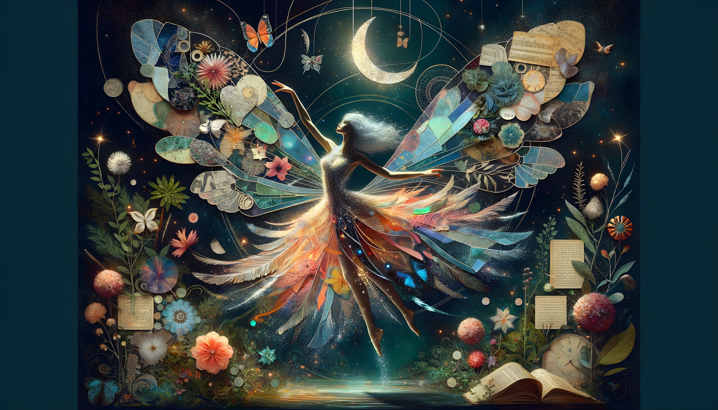 Surreal Bird Illustration with Book Pages and Stars