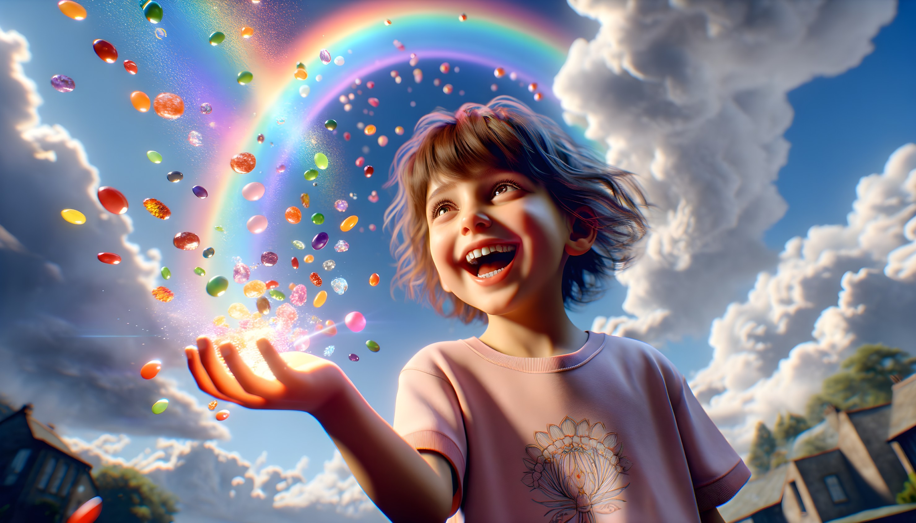 Child Laughing at Colorful Bubbles Under Rainbow Sky