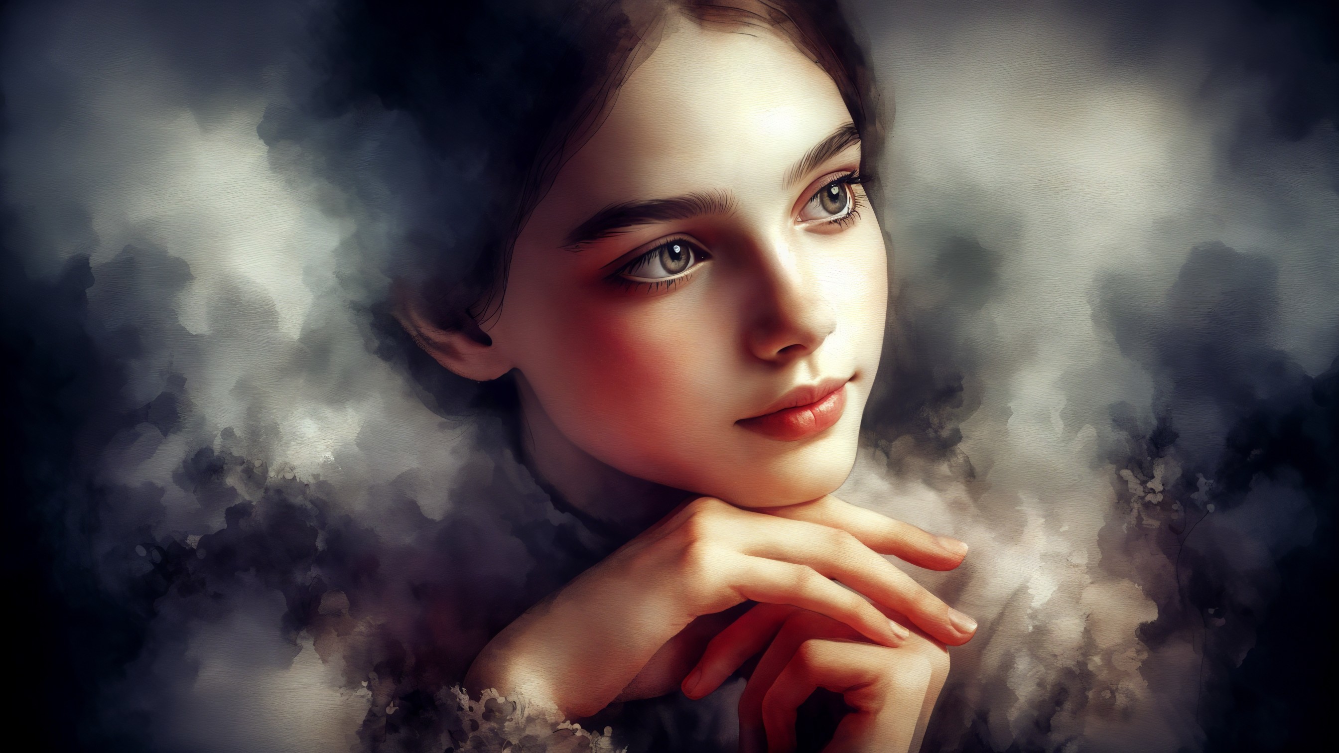 Serene portrait of a young woman in soft lighting