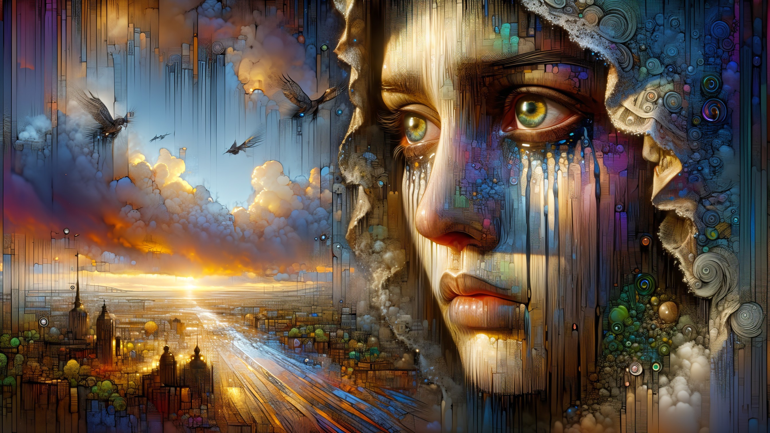 Surreal Portrait of Woman with Emotional Eyes and Cityscape