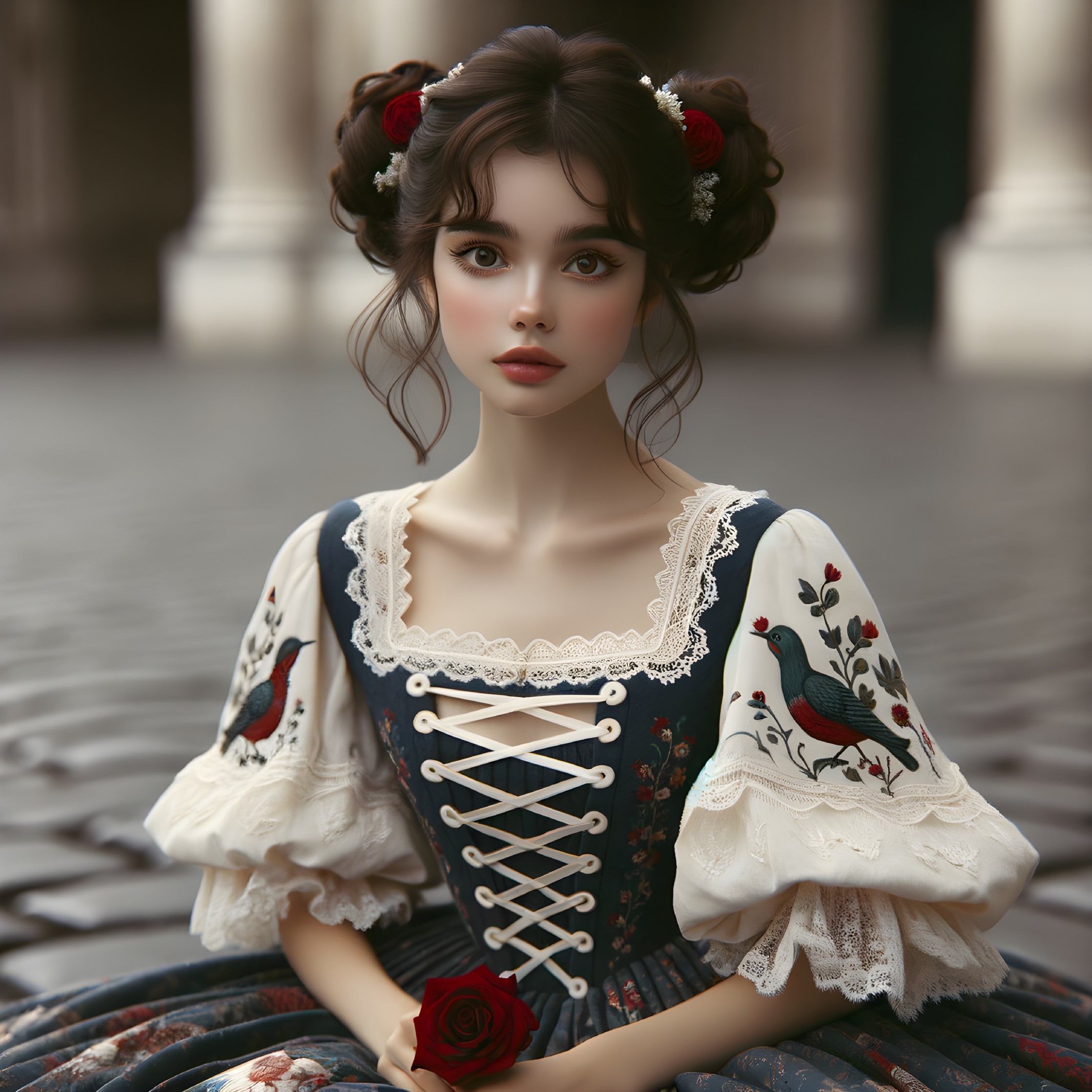 Vintage Dress with Floral Embroidery and Red Rose