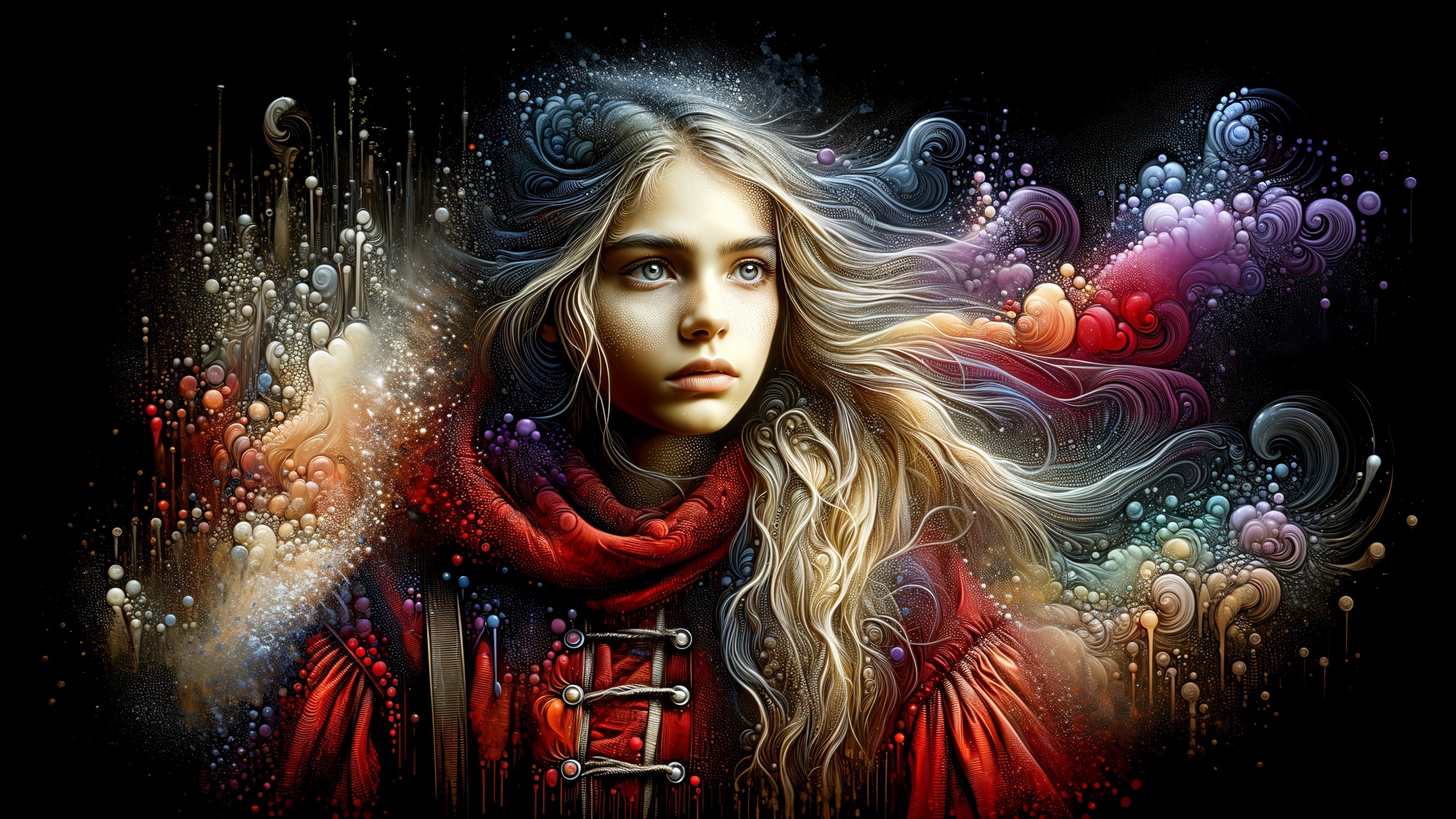 Young woman in red coat with abstract colorful background