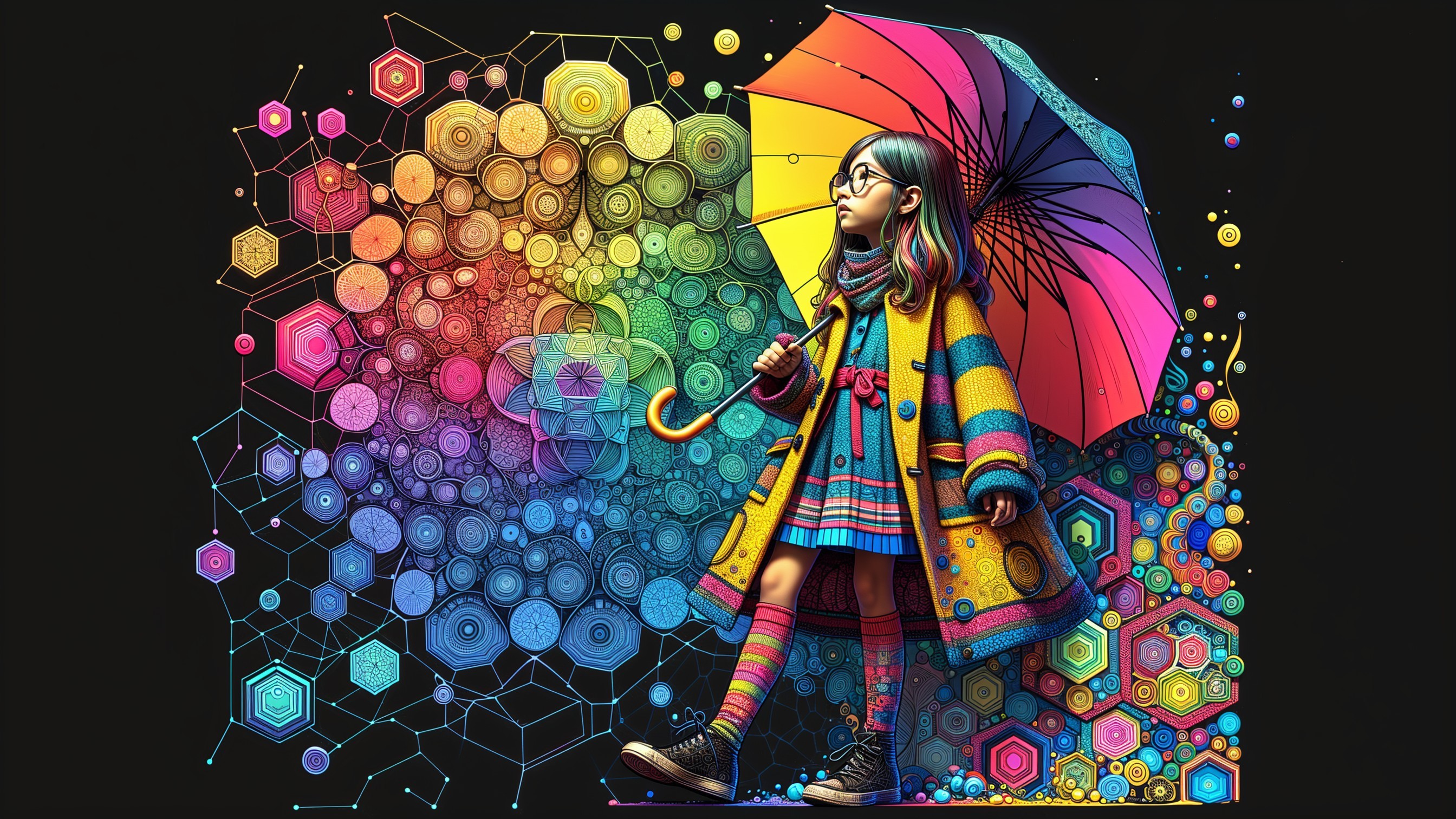 Whimsical Illustration of a Girl with Colorful Umbrella