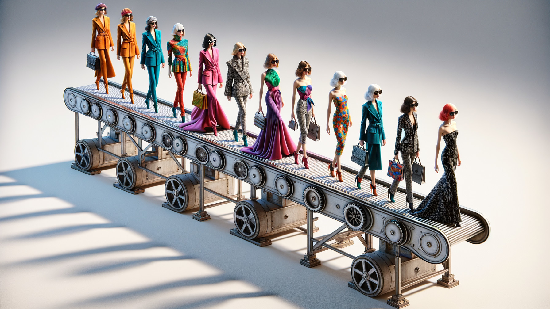 Stylish Figures Showcase Fashion on Conveyor Belt