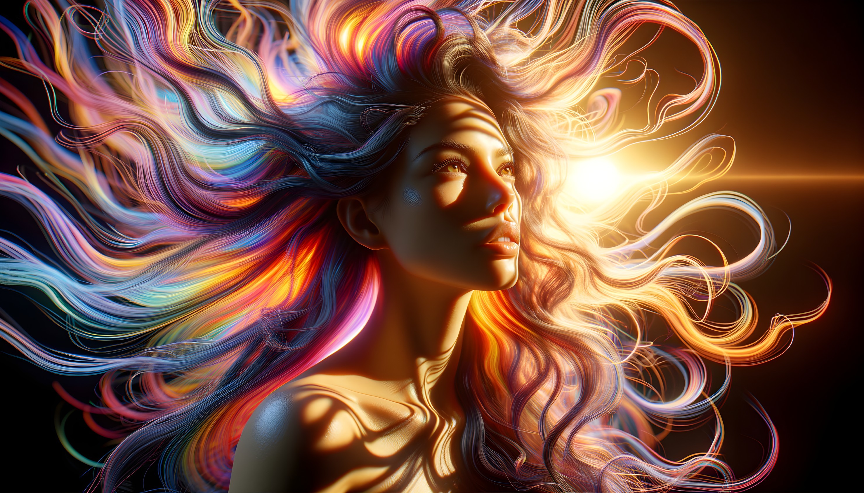 Colorful digital artwork: Woman with vibrant, flowing hair in warm light