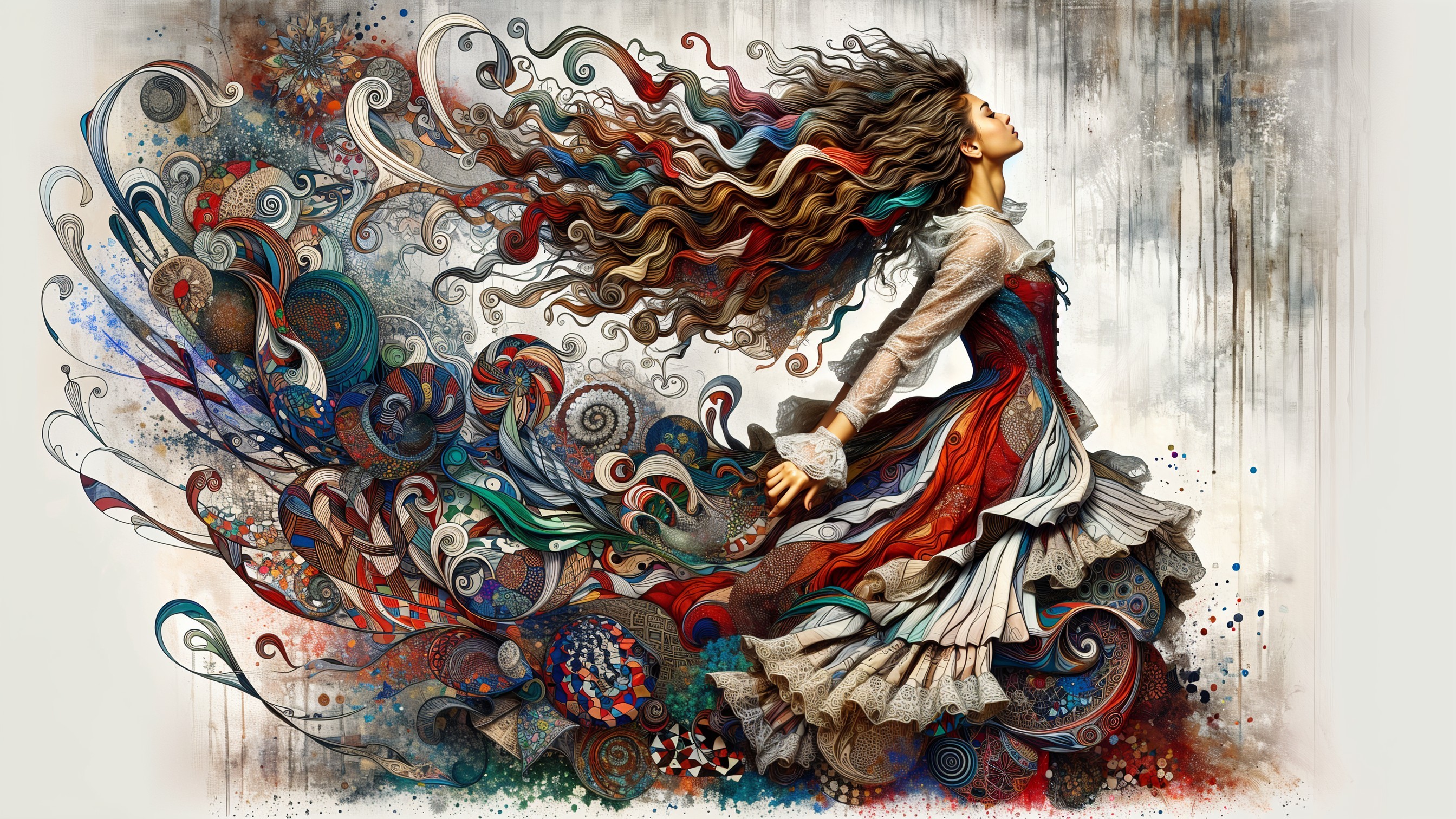 Whimsical Illustration of a Colorful Woman in Gown