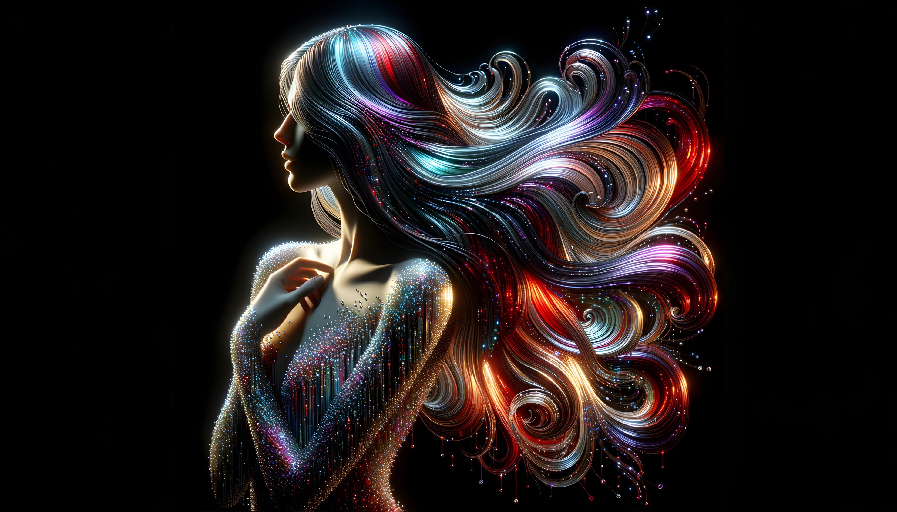 Colorful Neon Digital Art of Woman with Flowing Hair