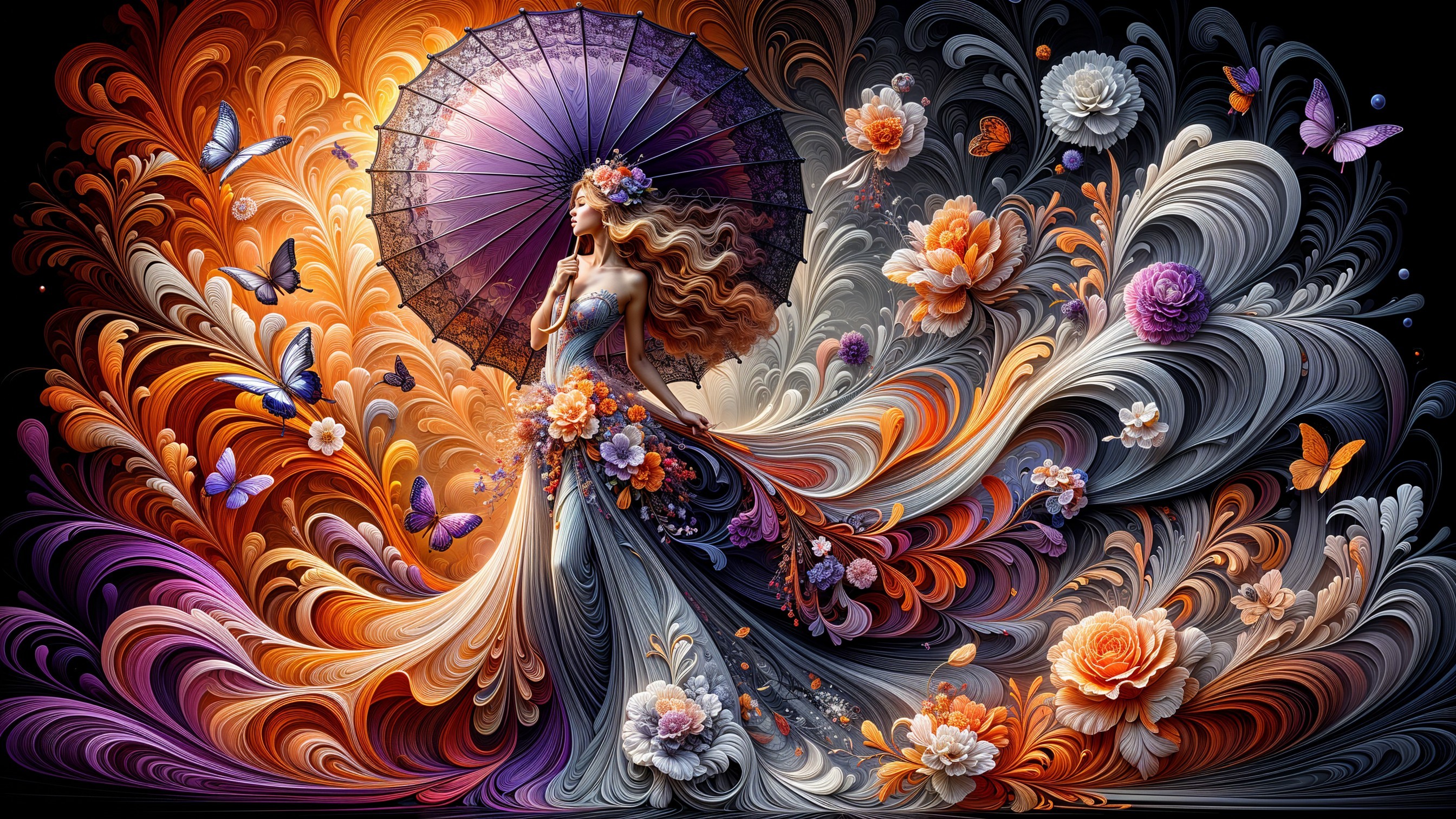 Vibrant Artwork of Woman with Purple Umbrella and Flowers